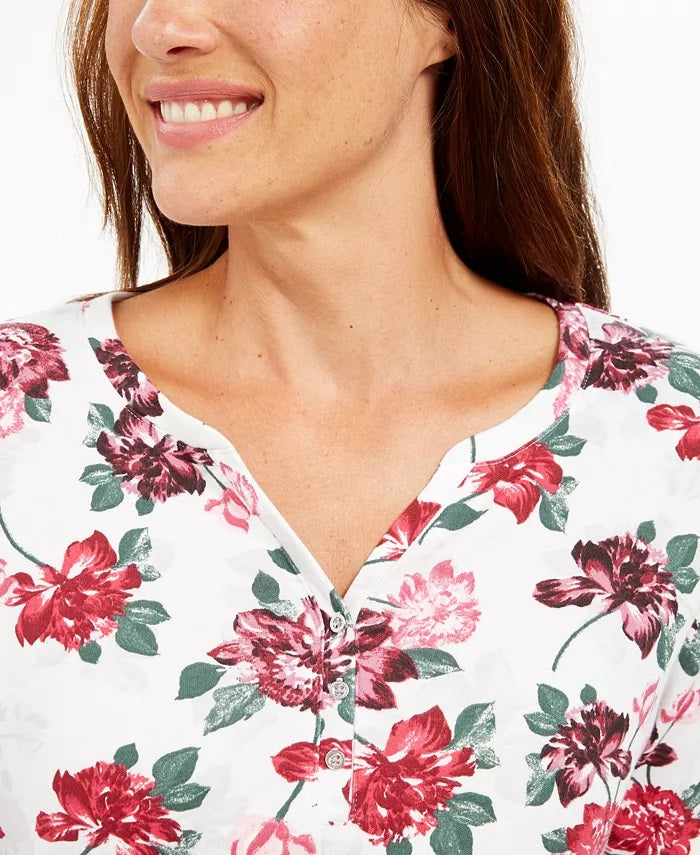 Karen Scott Women's Petite Floral-Print Henley Top White Size Petite