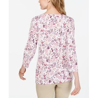 Karen Scott Women's Floral Print Henley Top White Size S/M