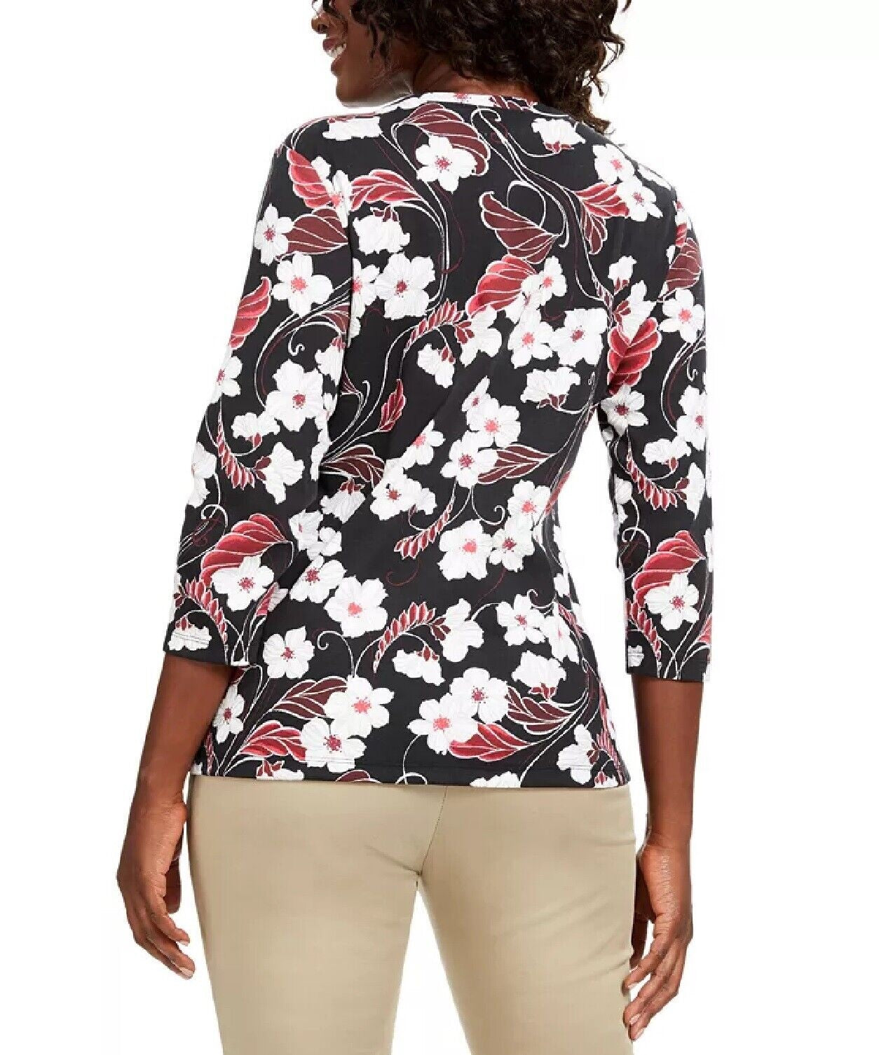 Karen Scott Women's Printed 3/4-Sleeve Henley Top  Red Size Small