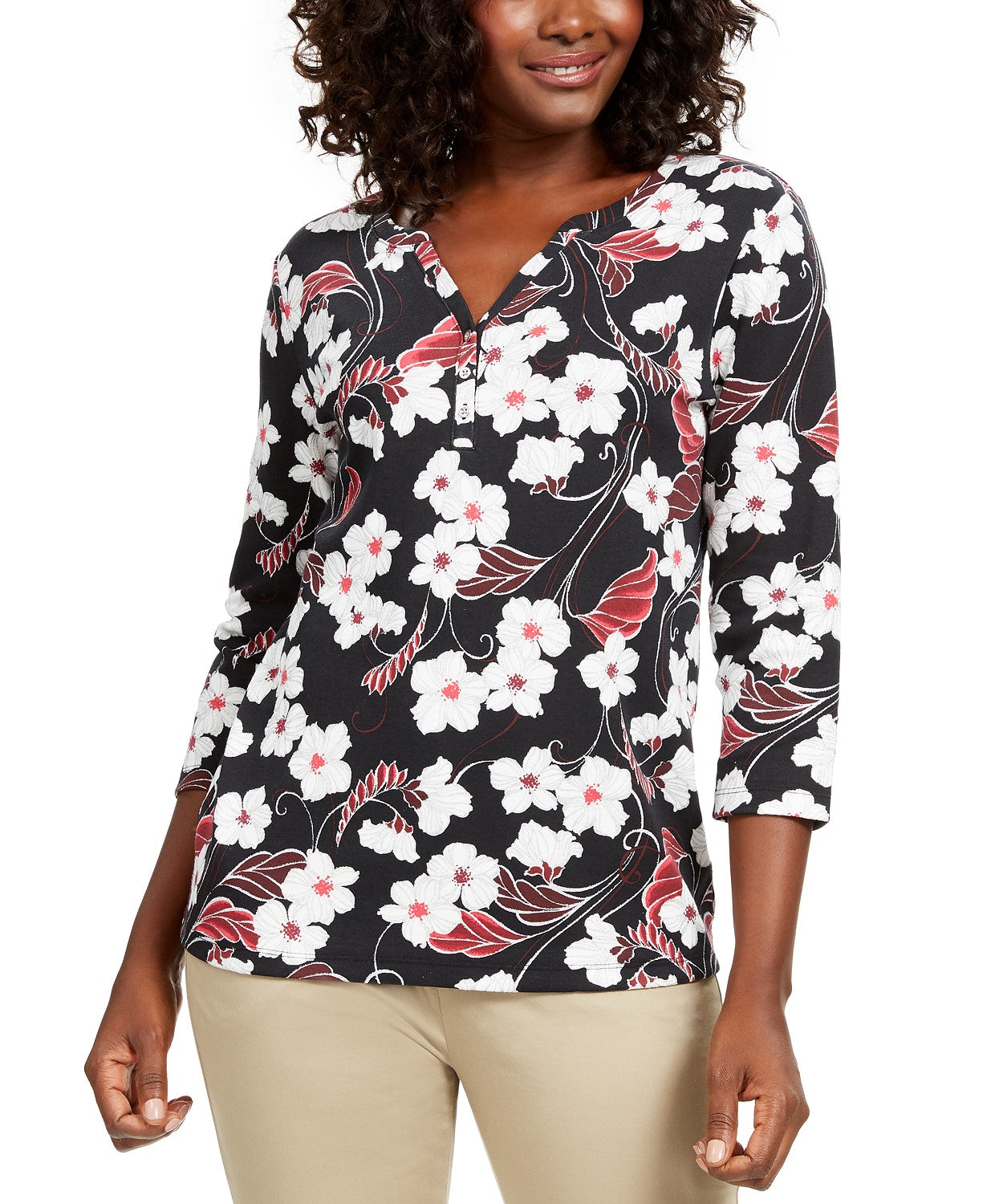 Karen Scott Women's Petite Glitter Floral-Print Top Bright Red Size Petite