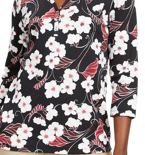 Karen Scott Women's Petite Glitter Floral-Print Top Red Size Petite Small