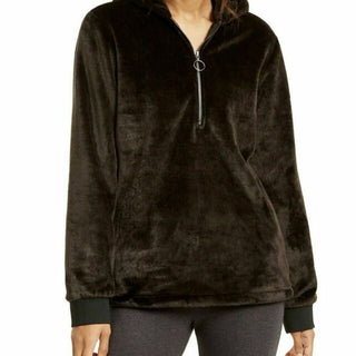 Ideology Women's Faux-Fur Quarter-Zip Hoodie Black Size Small