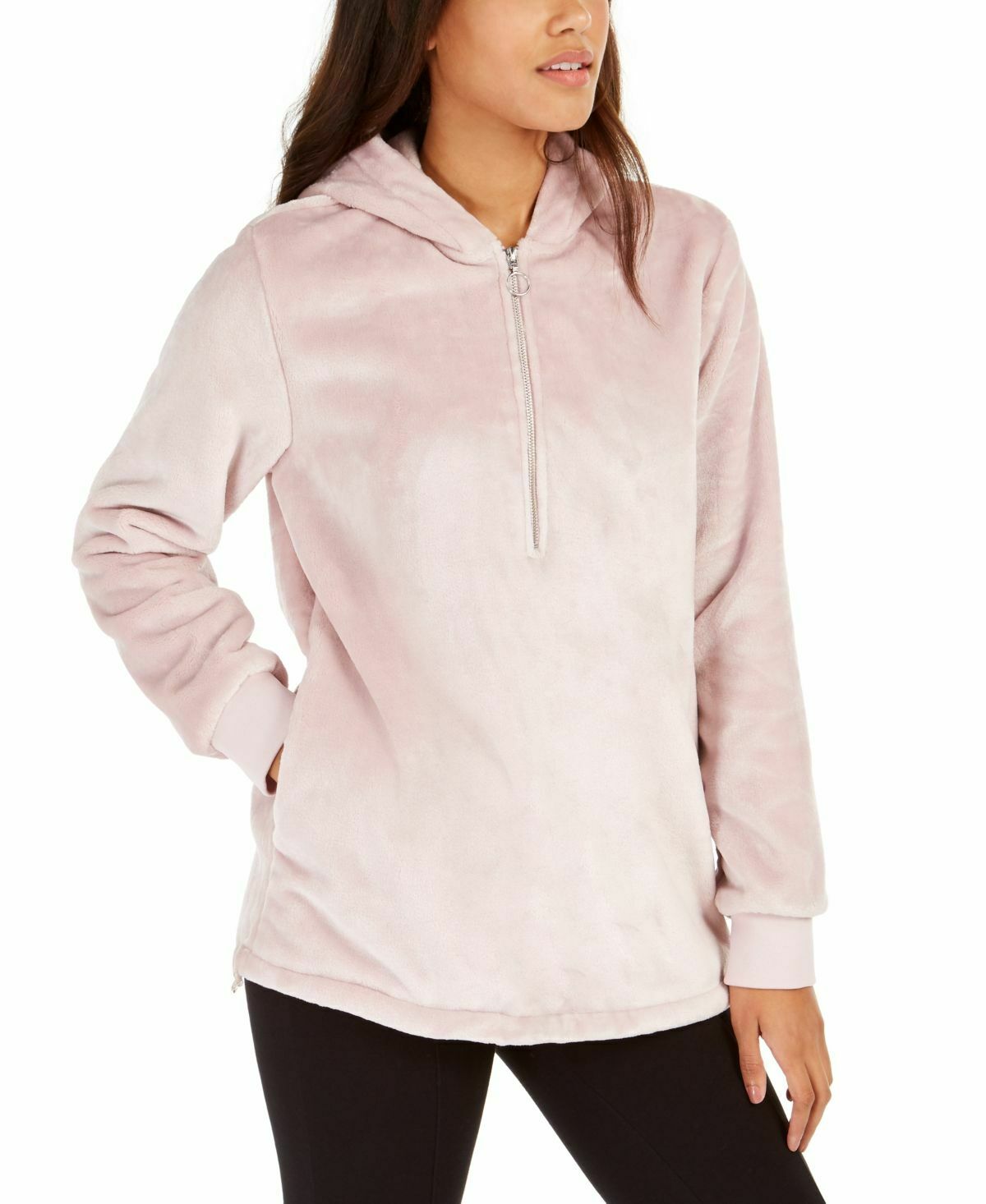 Ideology Women's Faux-Fur Quarter-Zip Hoodie Pink Size Small