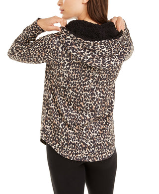 Ideology Women's Leopard Round-Hem Hoodie Beige Khaki Size X-Small