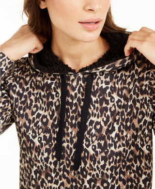 Ideology Women's Leopard Round-Hem Hoodie Beige Khaki Size X-Small