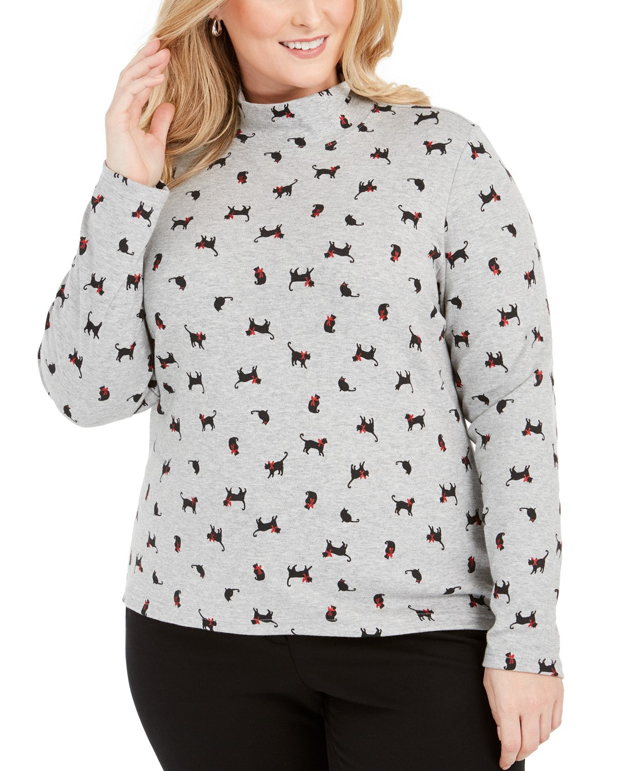 Karen Scott Women's Plus Size Cat-Print Mock-Neck Top Gray Size Extra Large