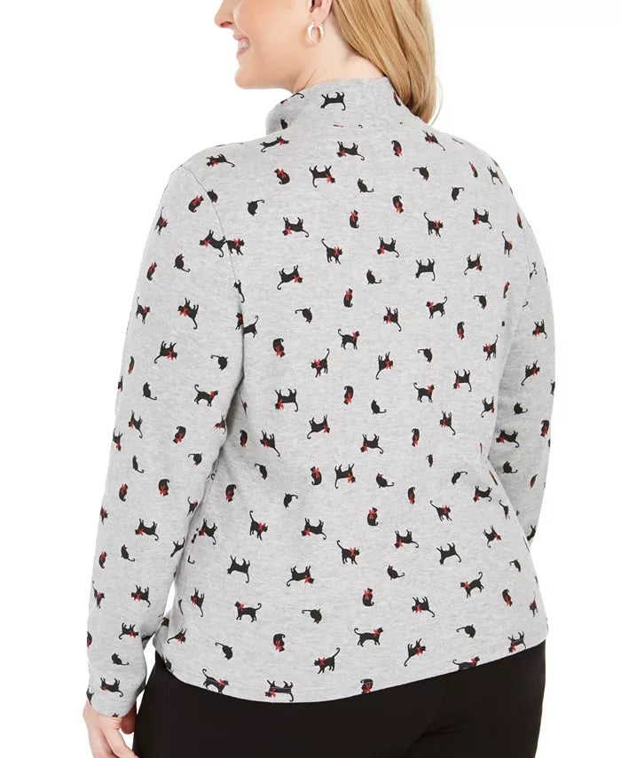 Karen Scott Women's Plus Size Cat-Print Mock-Neck Top Gray Size Extra Large