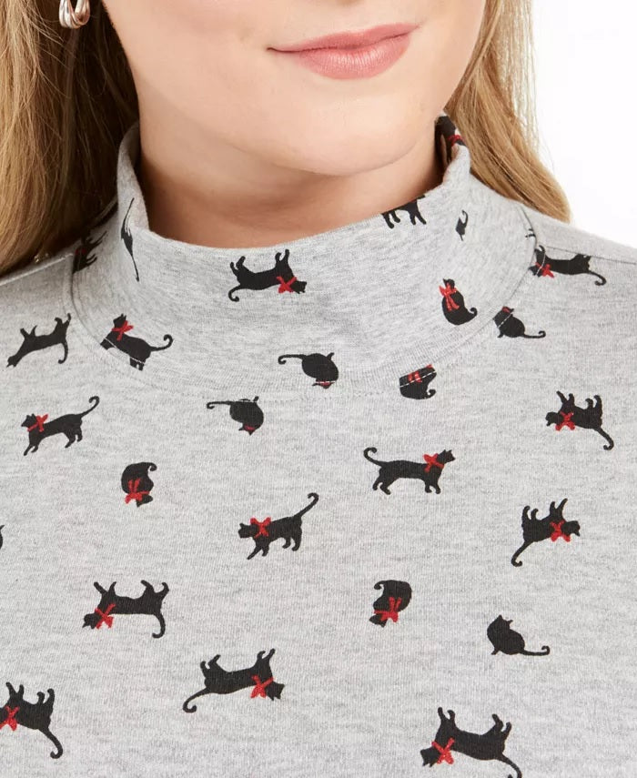 Karen Scott Women's Plus Size Cat-Print Mock-Neck Top Gray Size Extra Large
