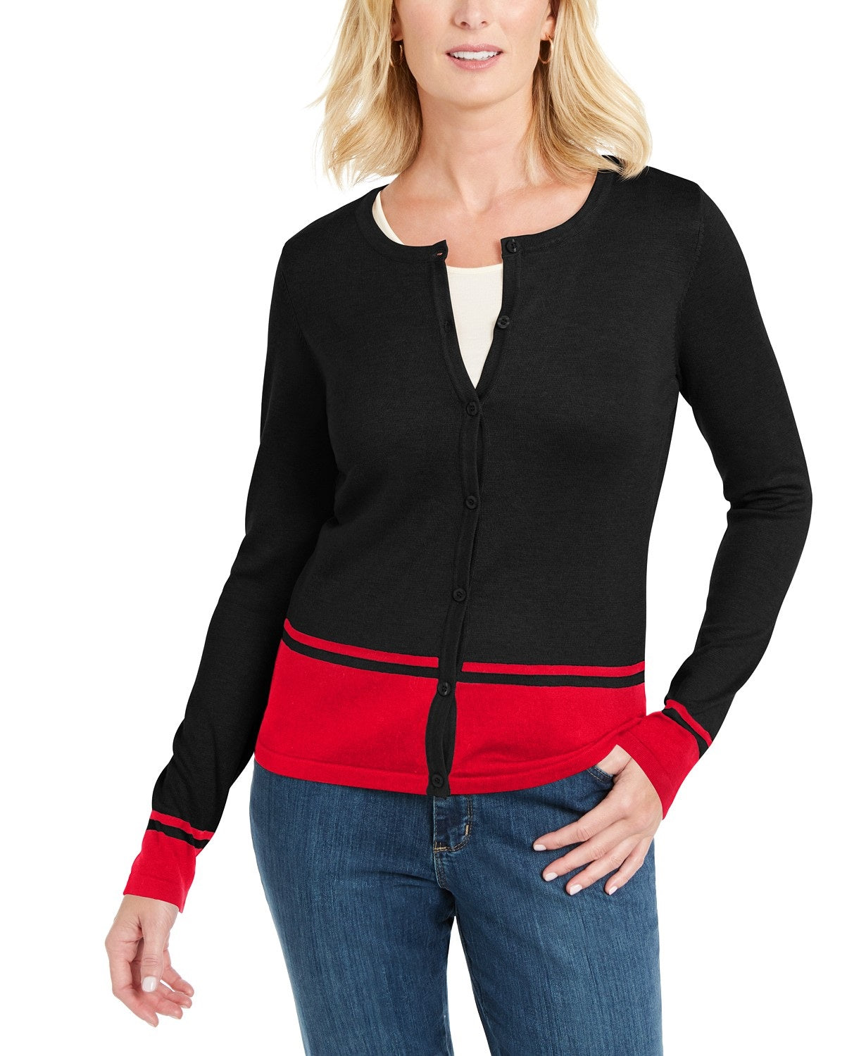 Karen Scott Women's Petite Colorblocked-Hem Cardigan Charcoal SizeLarge