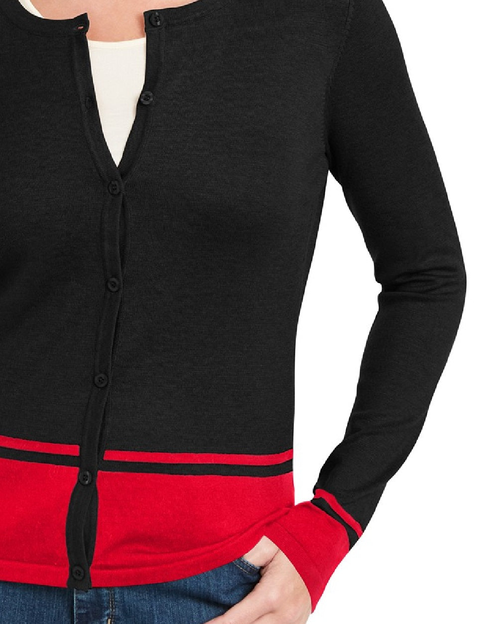 Karen Scott Women's Petite Colorblocked-Hem Cardigan Charcoal SizeLarge