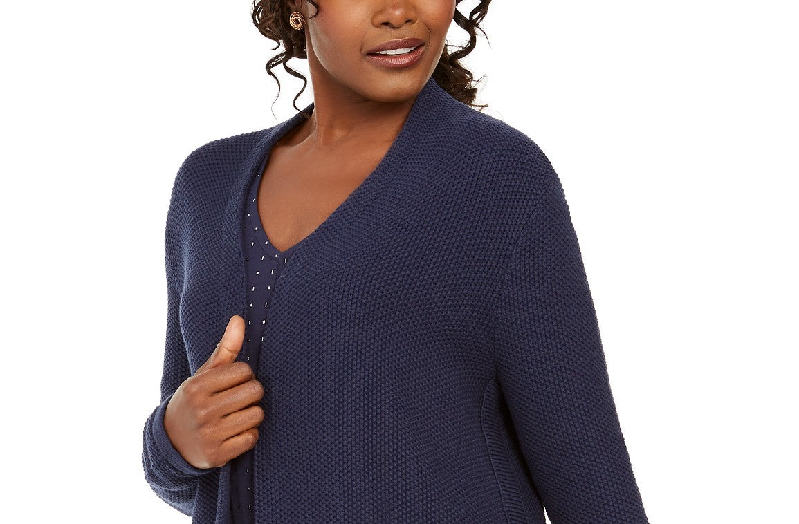JM Collection Women's Cotton Side-Button Open-Front Cardigan Blue Size Large