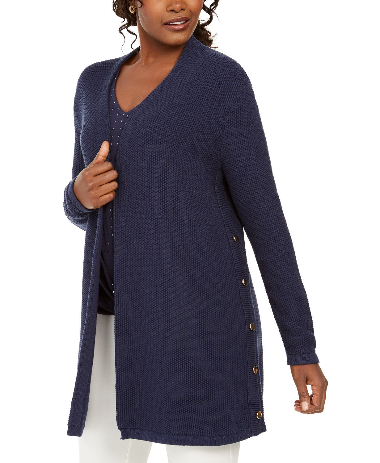 JM Collection Women's Cotton Side-Button Open-Front Cardigan Blue Size Medium