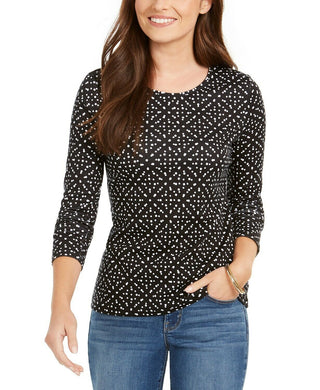 Charter Club Women's Dot Print Pima Cotton Top Black Size Small