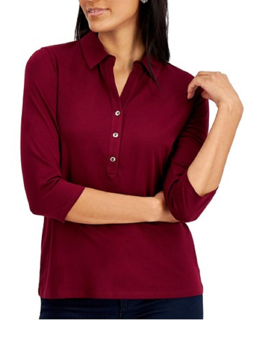 Charter Club Women's Knit Polo Shirt Wine Size Extra Small