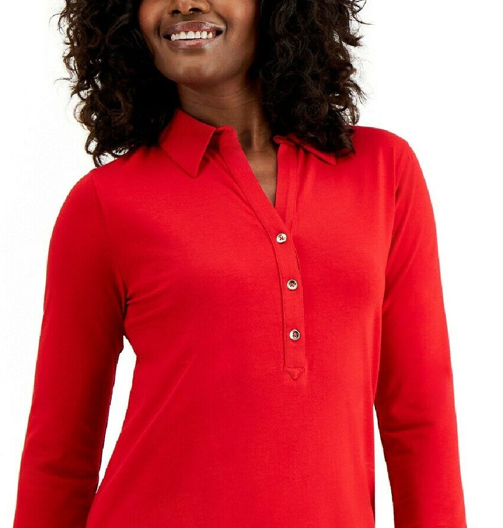 Charter Club Women's Knit Polo Shirt Red Button Size Medium