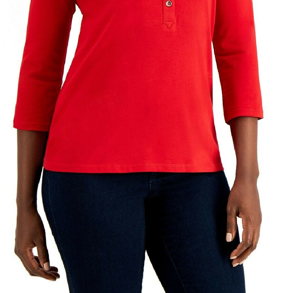 Charter Club Women's Knit Polo Shirt Red Button Size Medium