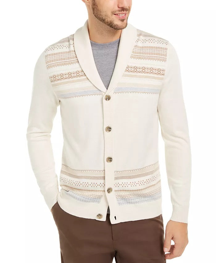 Tasso Elba Men's Geo-Stripe Intarsia-Knit Cardigan White Size Large