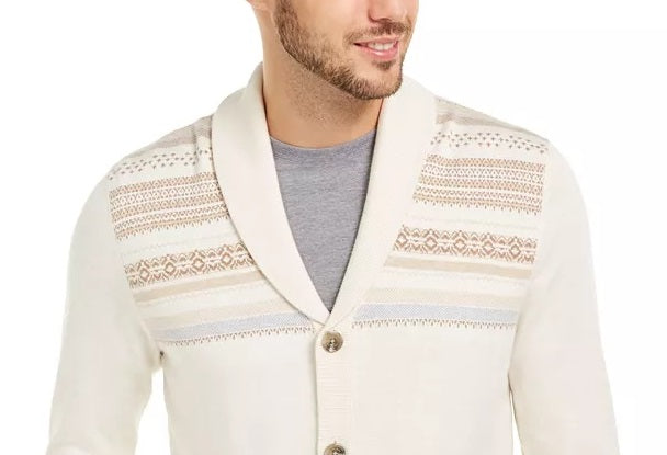 Tasso Elba Men's Geo-Stripe Intarsia-Knit Cardigan White Size Large