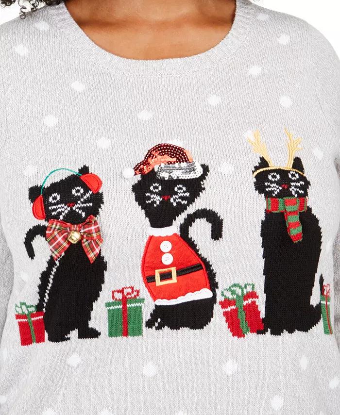 Karen Scott Women's Plus Size Holiday-Cats Graphic Sweatshirt Med Gray Size 1X