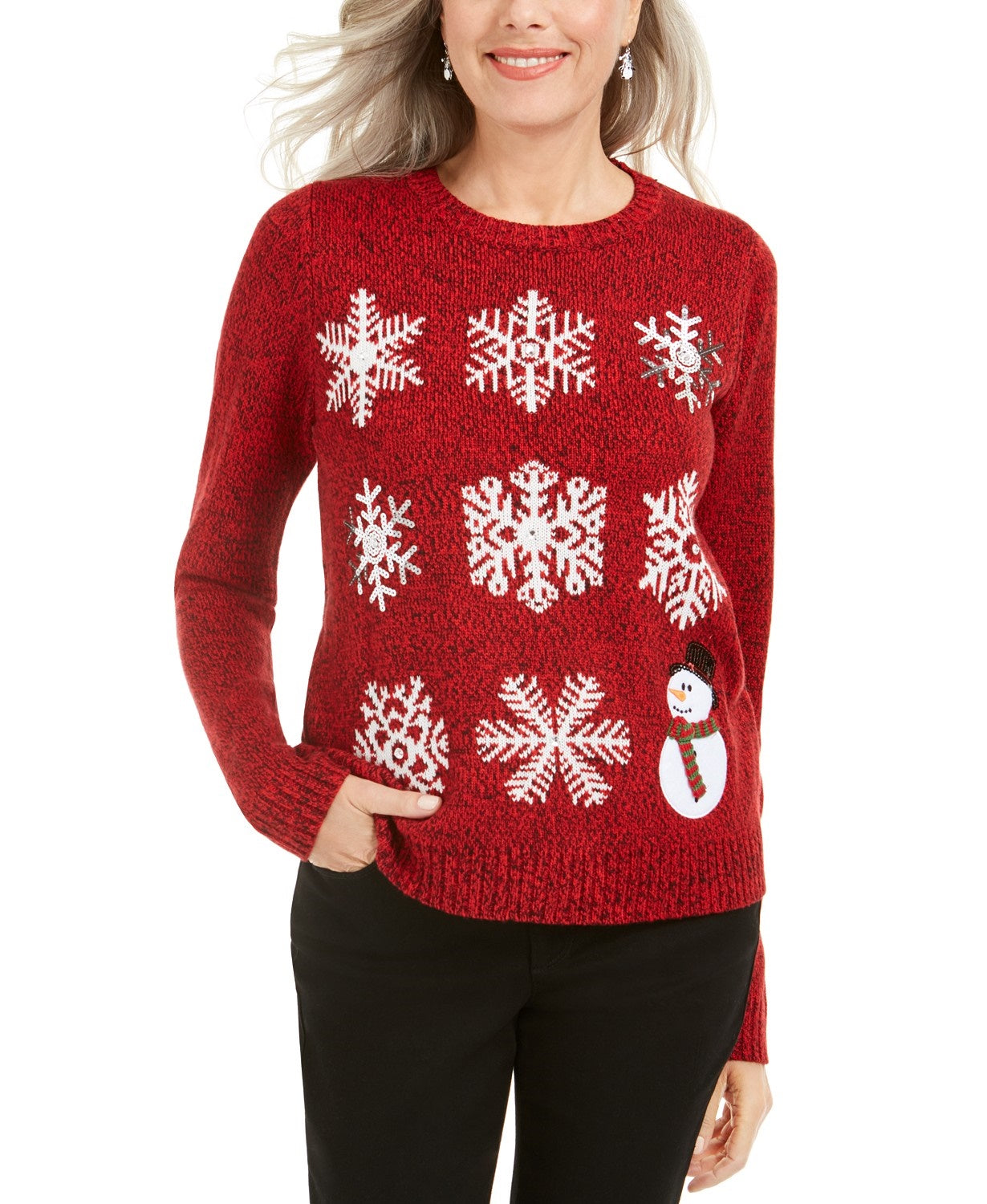 Karen Scott Women's Sequined Snowflake Sweater Red Size Medium