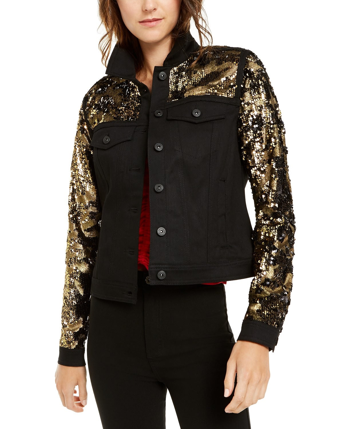 INC International Concepts Women's Black & Gold Sequin Jacket Deep Black Size Medium