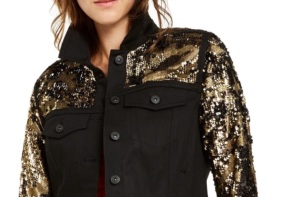 INC International Concepts Women's Black & Gold Sequin Jacket Deep Black Size Medium