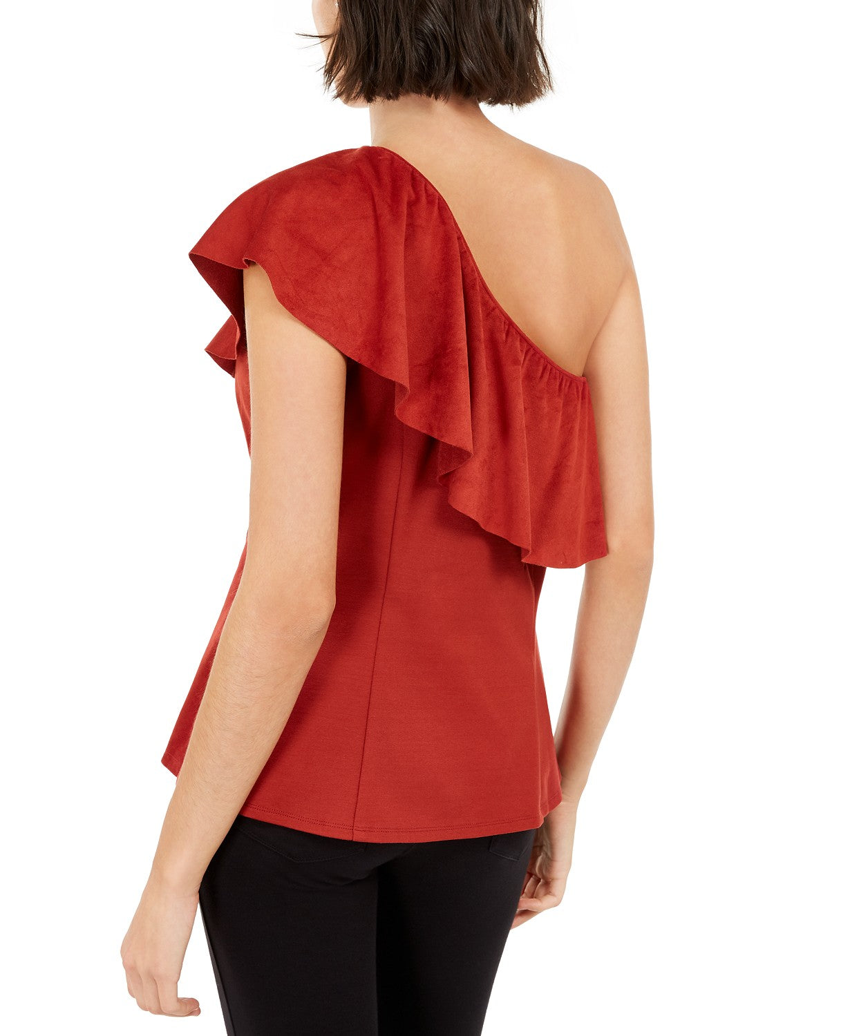 INC International Concepts Women's Faux-Suede One-Shoulder Ruffled Top Medium Red Size Medium