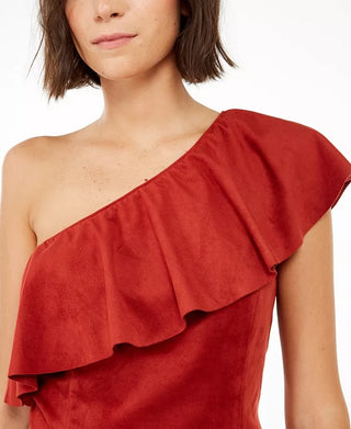 INC International Concepts Women's Faux-Suede One-Shoulder Ruffled Top Medium Red Size Medium
