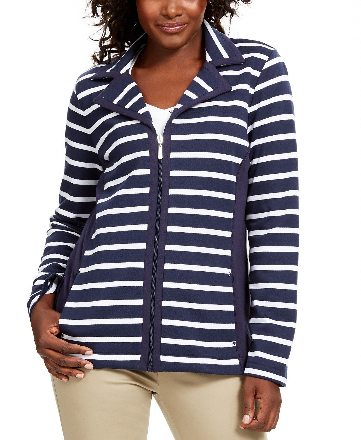 Karen Scott Women's Sport French Terry Striped Jacket Blue Size Extra Large