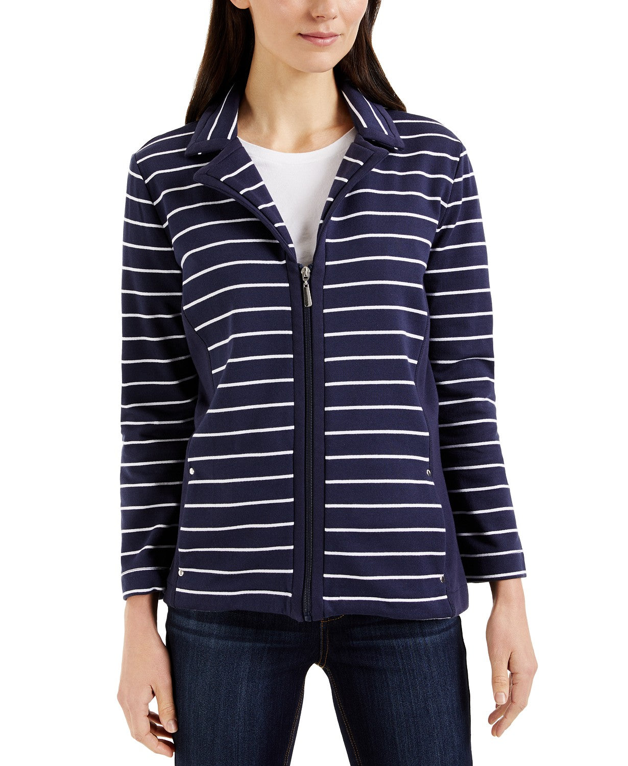 Karen Scott Women's Sport French Terry Striped Jacket Navy Size Large