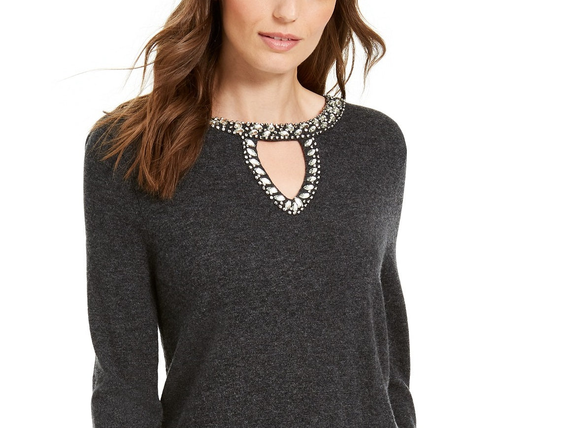 INC International Concepts Women's Embellished Keyhole Sweater Black Size X-Small