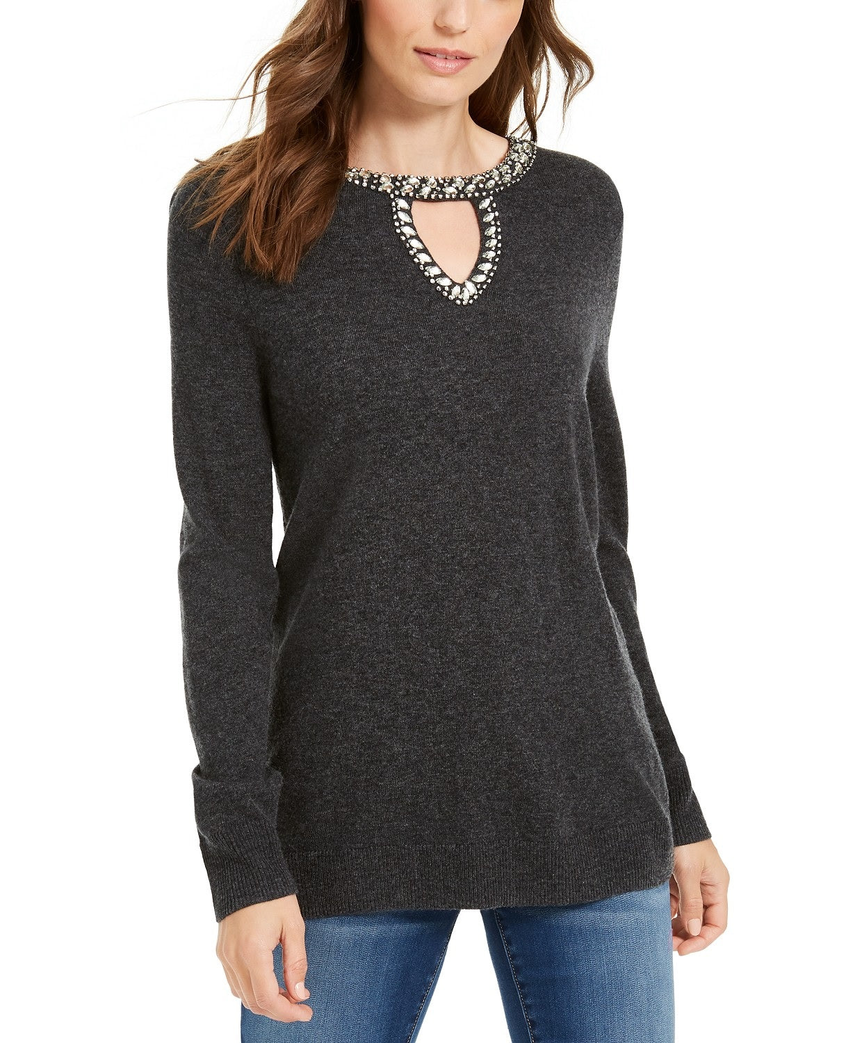 INC International Concepts Women's Embellished Keyhole Sweater Green Size Small
