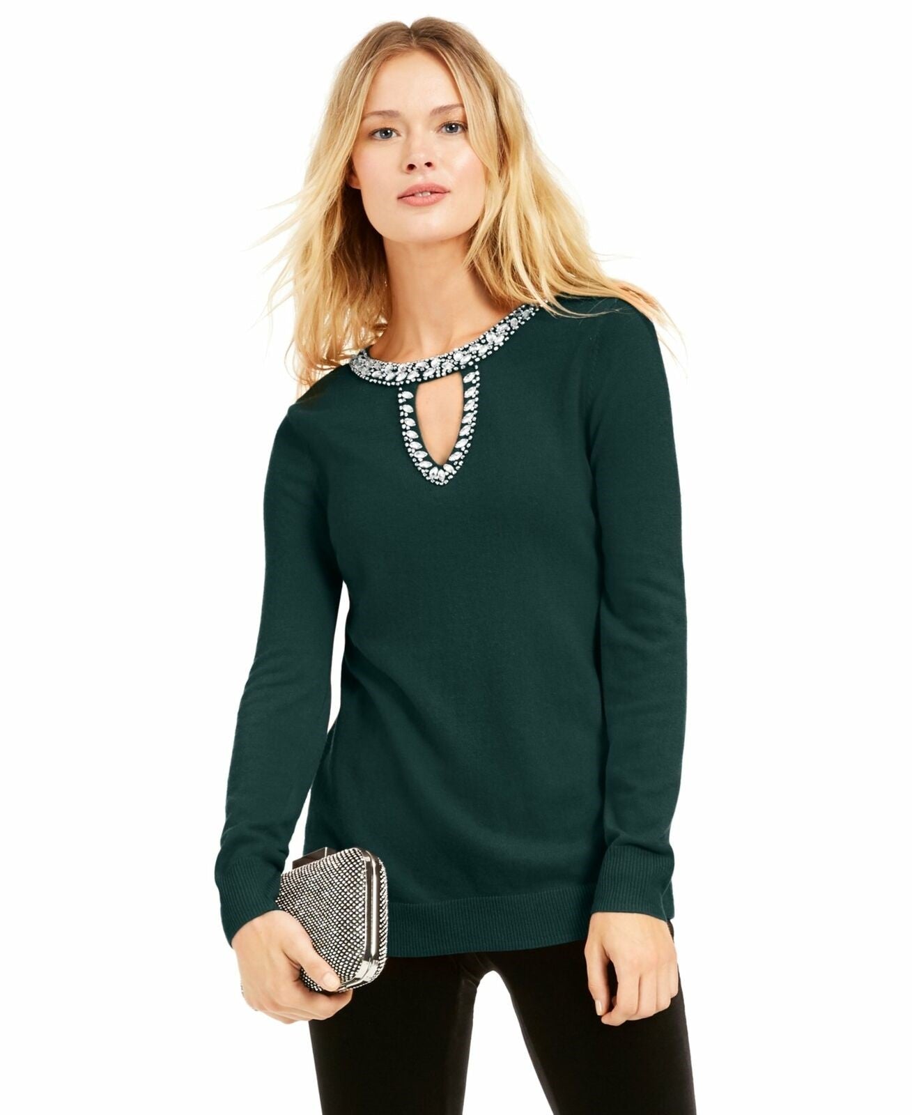 INC International Concepts Women's Embellished Keyhole Sweater Green Size Extra Small