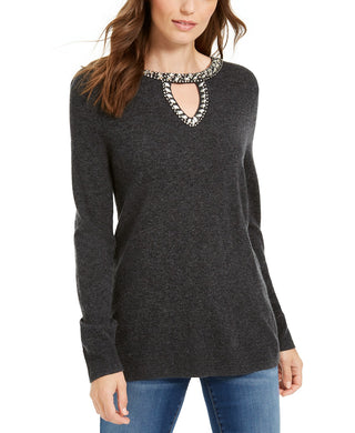 INC International Concepts Women's Embellished Keyhole Sweater Charcoal - Size Large