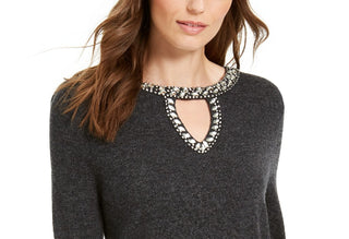INC International Concepts Women's Embellished Keyhole Sweater Charcoal Size Large