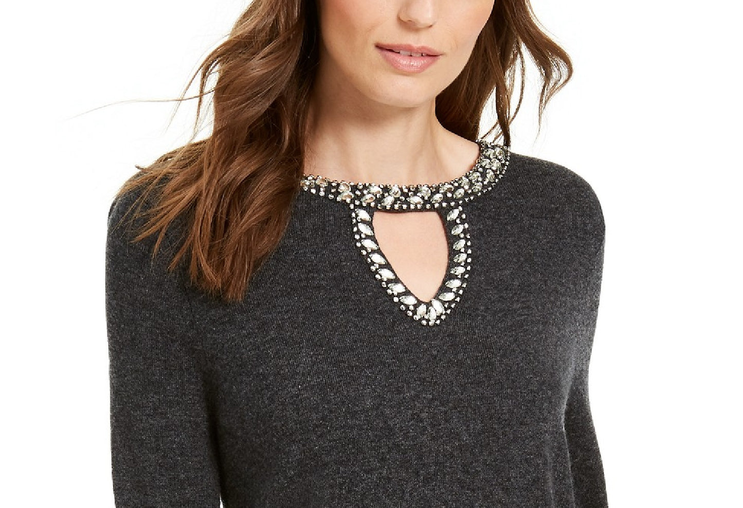 INC International Concepts Women's Embellished Keyhole Sweater Charcoal Size Large