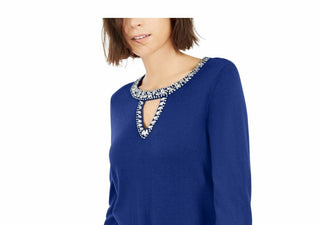 INC International Concepts Women's Embellished Keyhole Sweater Navy Size Medium