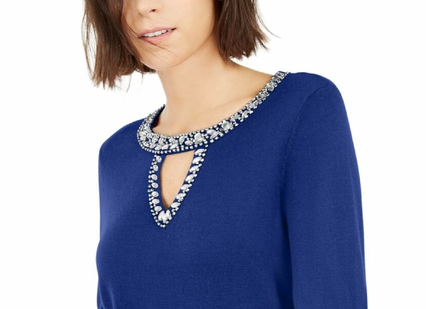 INC International Concepts Women's Embellished Keyhole Sweater Navy Size Small
