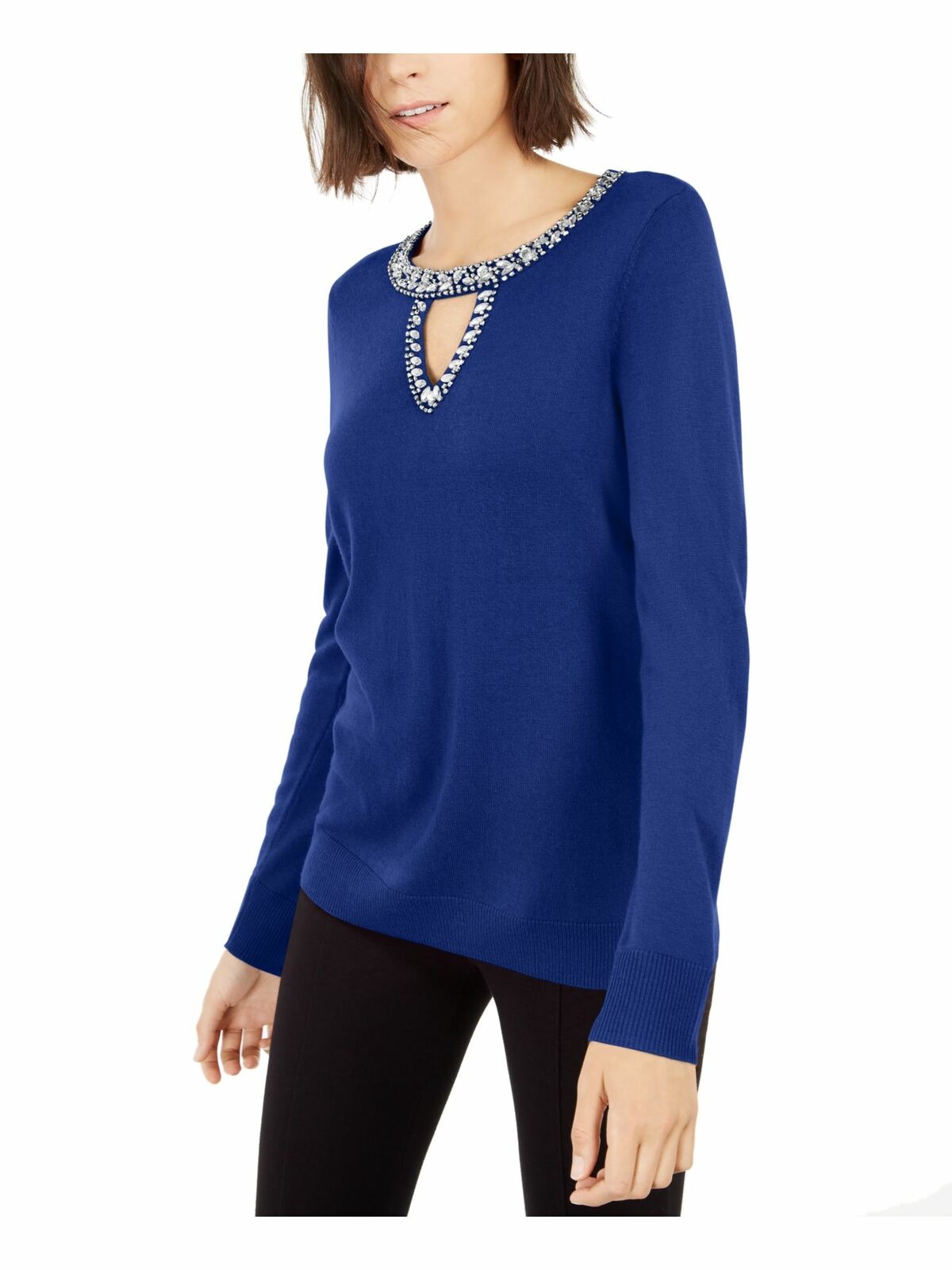 INC International Concepts Women's Embellished Keyhole Sweater Navy Size Small