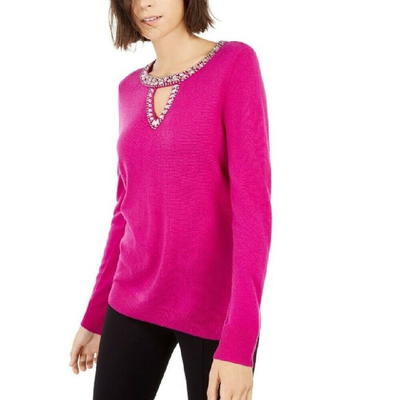 INC International Concepts Women's Embellished Keyhole Sweater Dark Pink Size Extra Large