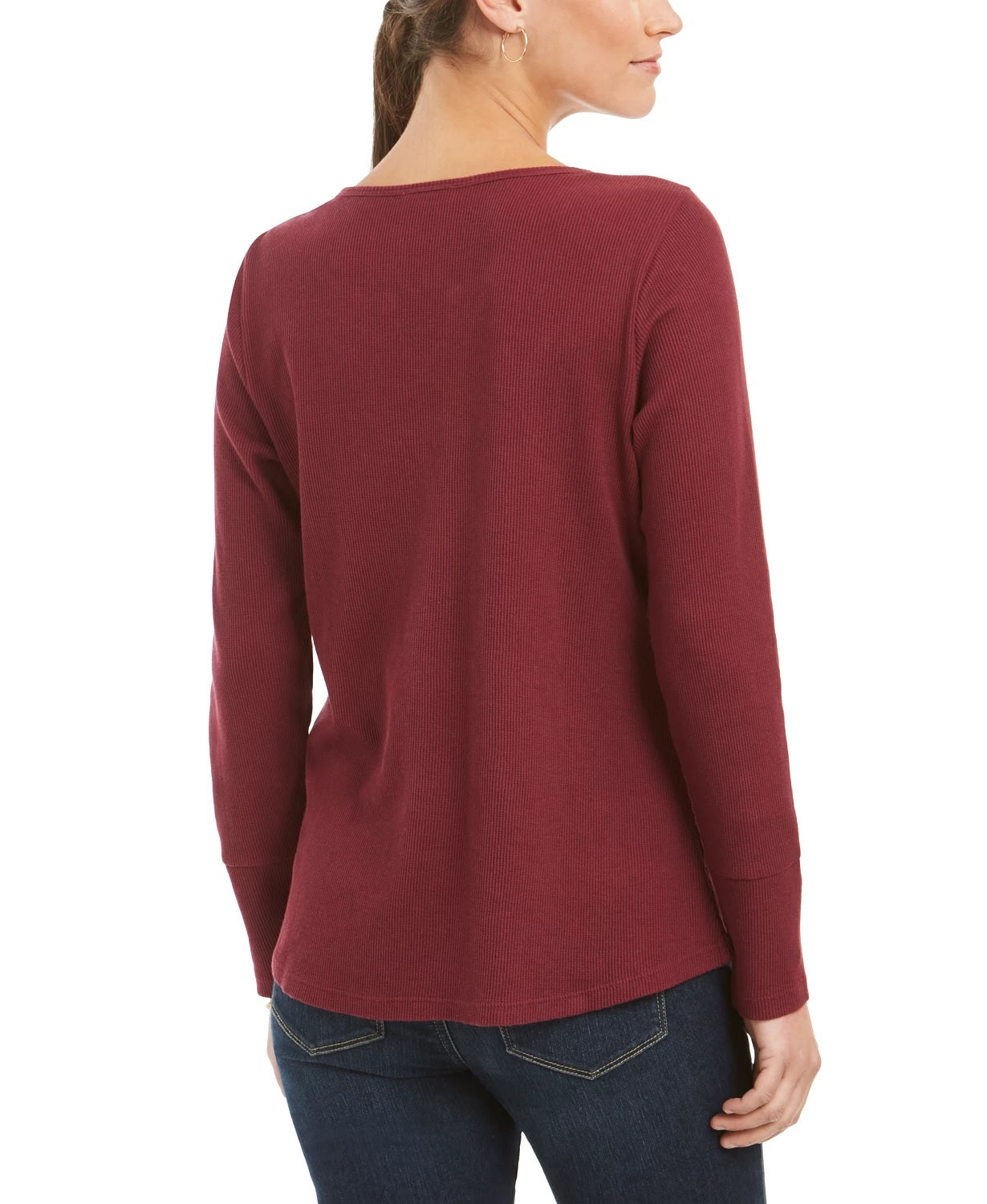 Style & Co Women's Embroidered Split-Neck Cotton Thermal Top  Red Size Medium