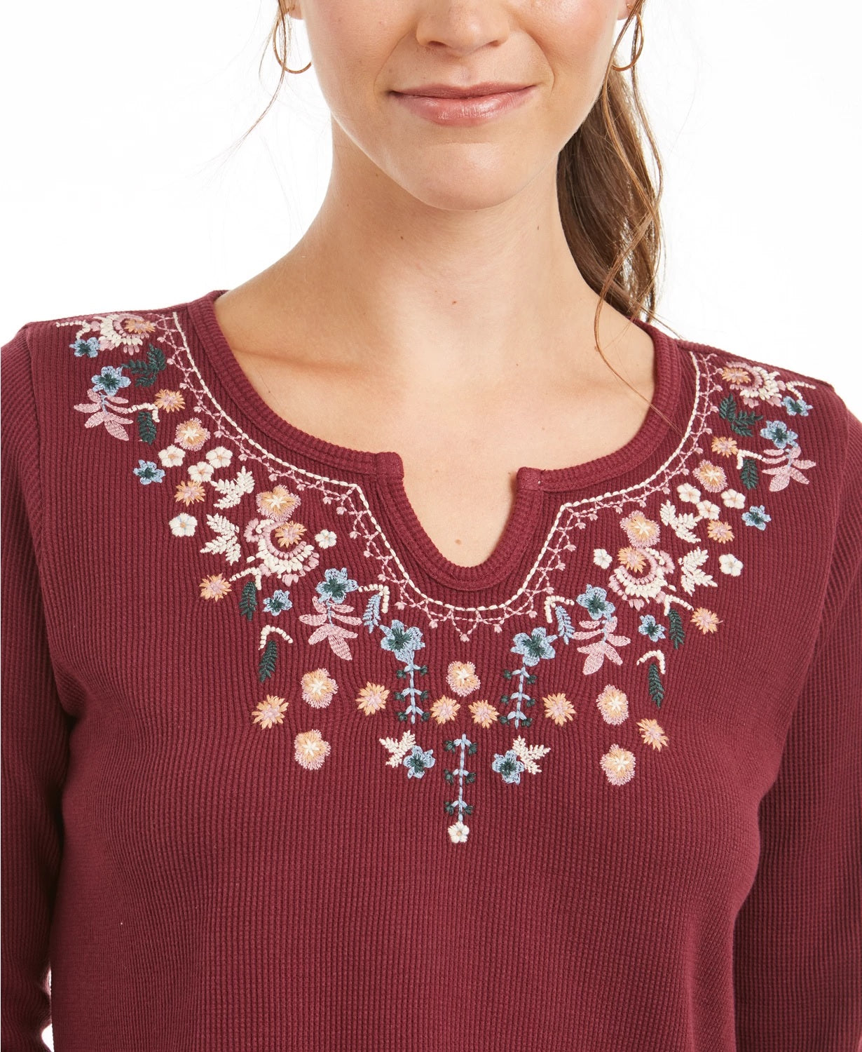 Style & Co Women's Embroidered Split-Neck Cotton Thermal Top  Red Size Medium