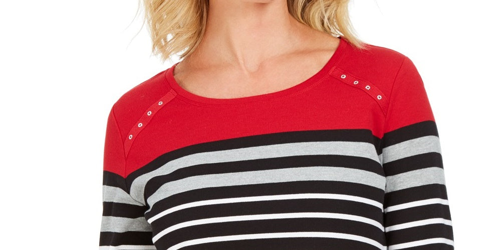 Karen Scott Women's Sport Colorblocked Striped Grommet Top Red Size Medium