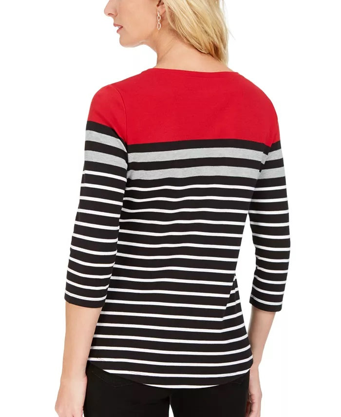 Karen Scott Women's Sport Colorblocked Striped Grommet Top Bright Red Size Extra Small