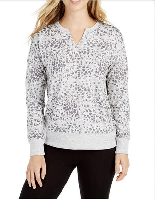 Ideology Women's Printed Split-Neck Top Gray Size 2 Extra Large