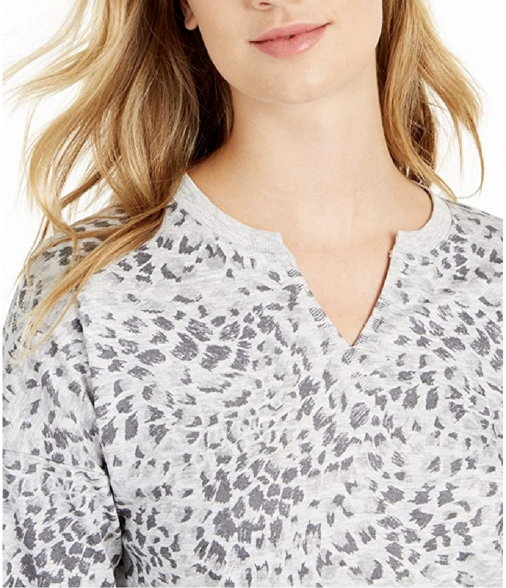 Ideology Women's Printed Split-Neck Top Gray Size 2 Extra Large