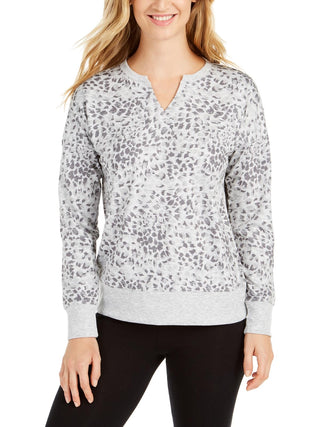 Ideology Women's Printed Split-Neck Top  Gray Size Small