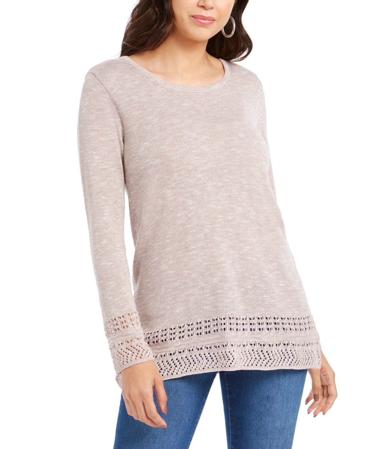 Style & Co Women's Pointelle-Trim Marled Tunic Sweater Beige Size Large