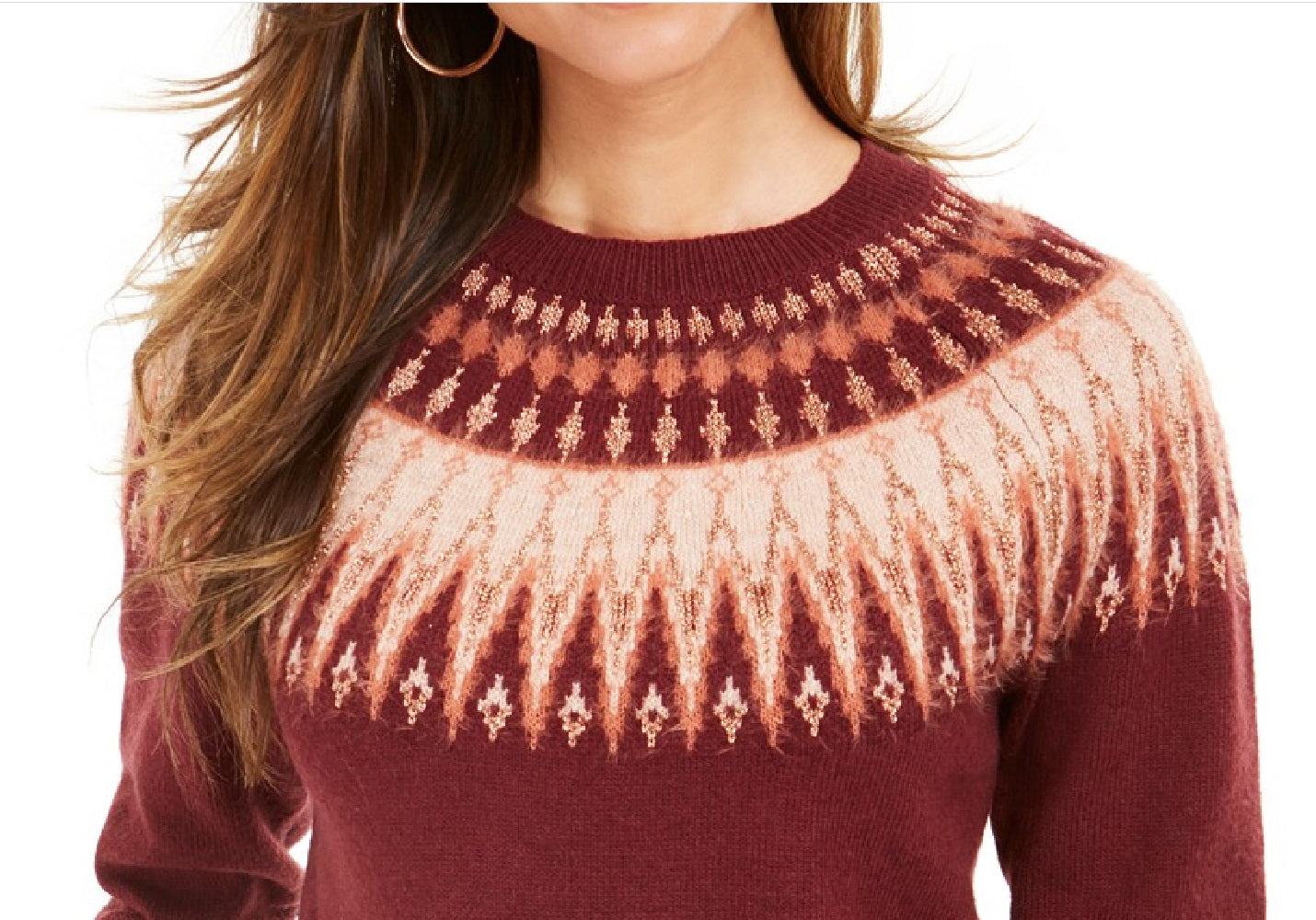 Style & Co Women's Fair Isle Crewneck Sweater Wine