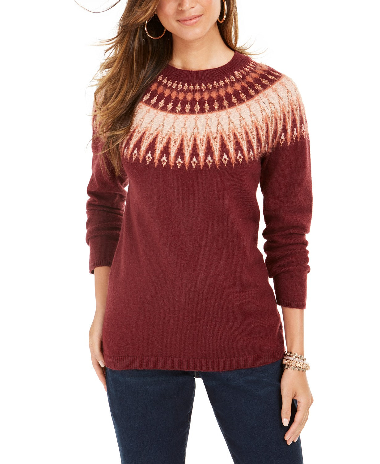 Style & Co Women's Fair Isle Crewneck Sweater Wine